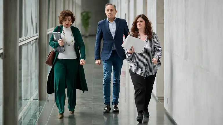 Yolanda Ibáñez, Juan Luis Sánchez de Muniáin y Marta Álvarez de UPN en su llegada a la Mesa y Junta de Portavoces. PABLO LASAOSA