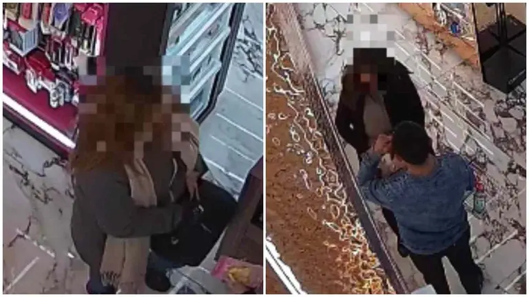 Dos fotogramas de las cámaras de seguridad en las que se les aprecia metiéndose colonias en el bolso. GUARDIA CIVIL