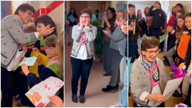 Pantallazos del vídeo del colegio Dominicas de Pamplona en el que se homenajea a la profesora jubilada Amparo. CEDIDA