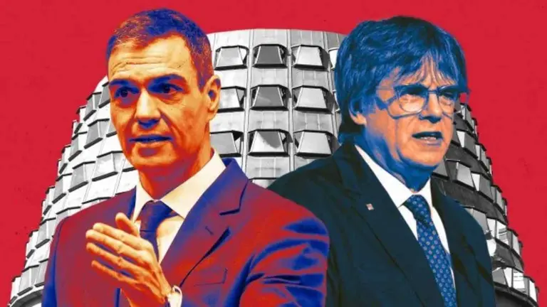 Fotomontaje de Pedro Sánchez y Puigdemont sobre una foto del Tribunal Constitucional. OK DIARIO