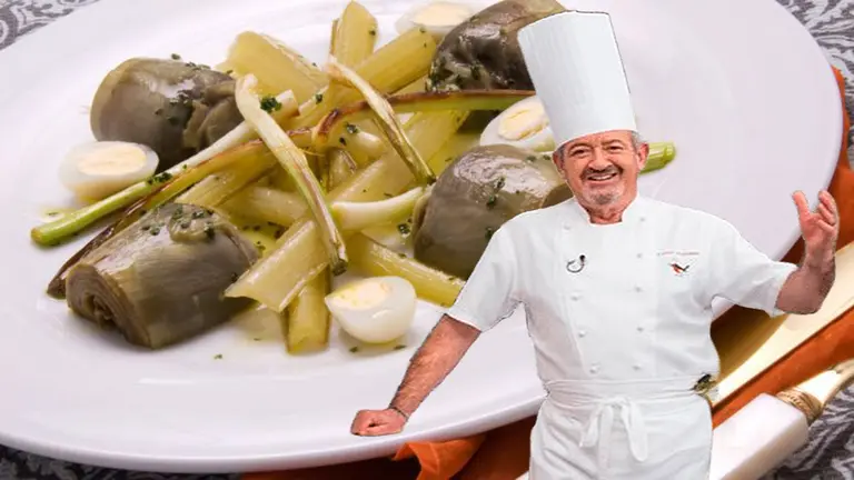 Fotomontaje con una imagen de Karlos Arguiñano sobre otra de su menestra con alcachofas.