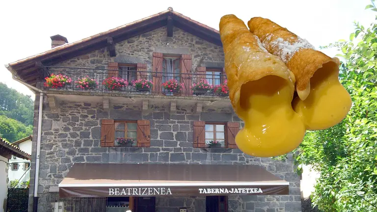 Fotomontaje de los canutillos de crema del restaurante Beatrizenea de Leiza sobre una imagen de la fachada del establecimiento. PLAZAOLA