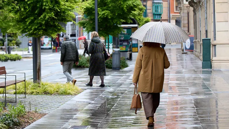 D&iacute;a de viento y paraguas con tiempo gris y chubascos en Pamplona. I&Ntilde;IGO ALZUGARAY