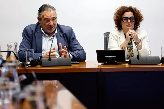 El presidente de la Comunidad de Bardenas Reales, José María Agramonte, durante su comparecencia en el Parlamento de Navarra. EFE / Jesús Diges