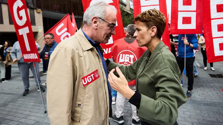 Manifestación de CCOO y UGT en Pamplona con motivo del 1 de mayo. Con presencia del secretario general de UGT Navarra, Lorenzo Ríos, la secretaria de Organización de CCOO Navarra, Pilar Arriaga y la presidenta de Navarra, María Chivite. IÑIGO ALZUGARAY
