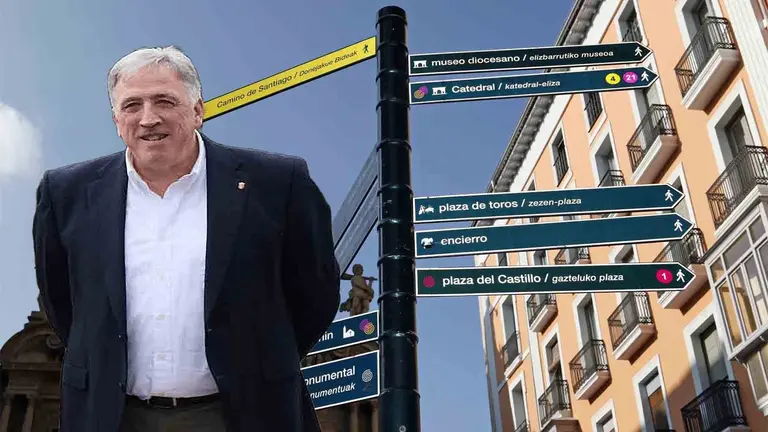 Fotomontaje del alcalde de Pamplona, Joseba Asirón, sobre una imagen de señales turísticas. NAVARRA.COM