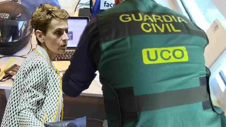 Fotomontaje de Marái Chivite sobre la foto de una agente de la UCO trabajando.