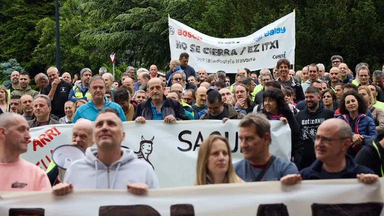 El comité de empresa y los trabajadores de BSH Esquíroz se concentran frente en el Departamento de Industria, Transición Ecológica y Digital del Gobierno de Navarra. IÑIGO ALZUGARAY