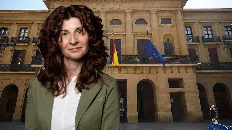 Fotomontaje de Eva Gurría, nueva directora general de políticas migratorias, sobre una imagen del Palacio de Navarra. NAVARRA.COM