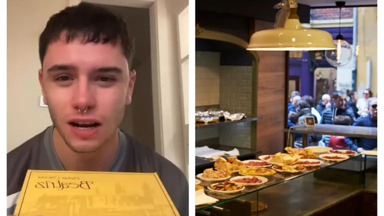 El influencer El influencer @jotawhitess, con una caja de Pastas Beatriz, y el local de la pasteklería. INSTAGRAM/PABLO LASAOSA