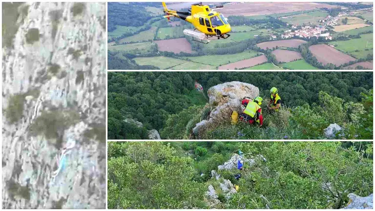 Distintos fotogramas del vídeo publicado por Bomberos de Navarra sobre el rescate del parapentista en Navarra.