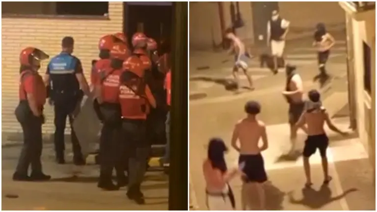 Fotmontaje con una imagen de la Policía Foral y la Policía Local acompañando a los menas al COA de Marcilla y otra de los actos violentos. NAVARRA.COM