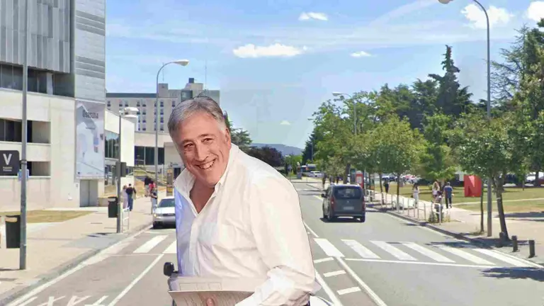 Fotomontaje de Joseba Asirón sobre una foto de uno de los tramos de la calle Irunlarrea de Pamplona.