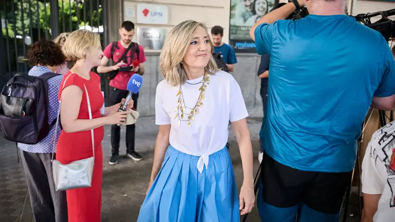 Cristina Ibarrola, presidenta de UPN, interviene ante los medios tras conocerse nuevas revelaciones de la trama de corrupción de Santos Cerdán y el Gobierno de María Chivite. PABLO LASAOSA