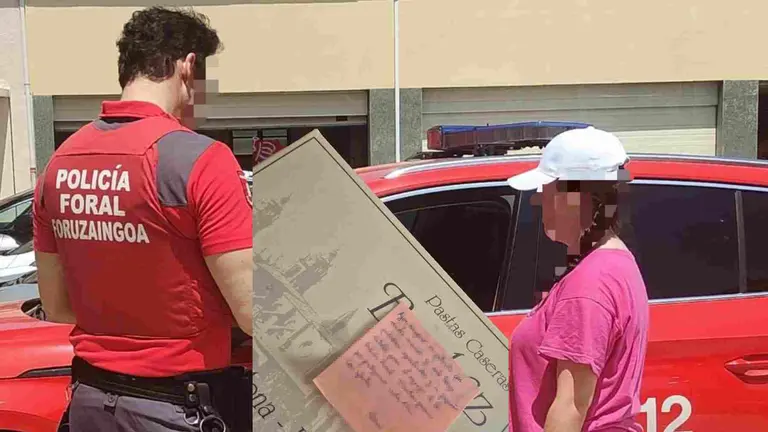 Noemí junto al agente que le devolvió el patinete. Superpuesta en la fotografía, la imagen de la nota y las pastas que Noemí llevó a la Policía Foral en señal de agradecimiento. POLICÍA FORAL