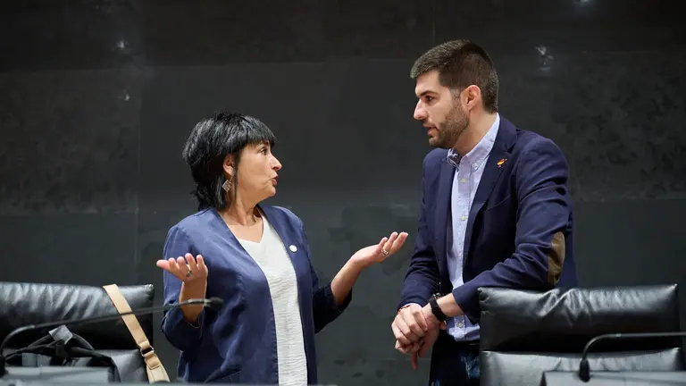 Laura Aznal de EH Bildu junto a Carlos Guzm&aacute;n de Contigo Navarra minutos antes del comienzo del pleno del Parlamento. PABLO LASAOSA