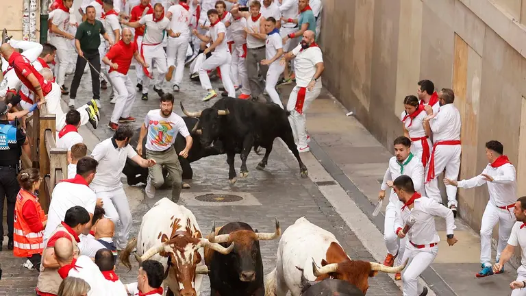 Los toros de Fuente Ymbro caen el primer encierro de San Fermín 2025 en el tramo de Santo Domingo. EFE/Villar Lopez