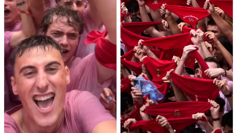 El influencer Diego Rincón, y una imagen del Chupinazo de San Fermín. INSTAGRAM/PABLO LASAOSA