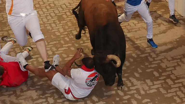 Tercer encierro de San Fermín 2025 el día 9 de julio con toros de Álvaro Núñez en el callejón. EFE - J.P. URDIROZ