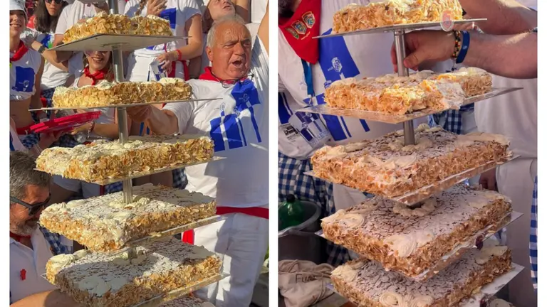 La peña Los Del Bronce de Pamplona celebra sus 75 años con una enorme tarta de boda. CEDIDAS