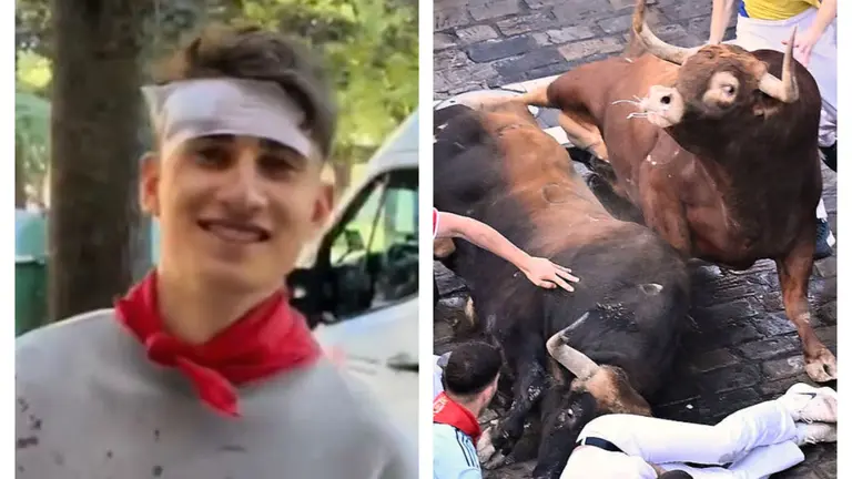 El influencer Erik Sánchez sufrió una pisada en la cabeza de un toro de Álvaro Núñez, y una imagen de este encierro. TIKTOK/ PABLO LASAOSA