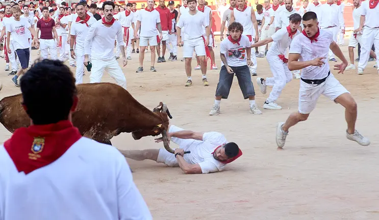 Quinto encierro de San Fermín 2025 con toros de la ganadería de Jandilla en el tramo del callejón y la entrada a la Plaza de Toros. IÑIGO ALZUGARAY