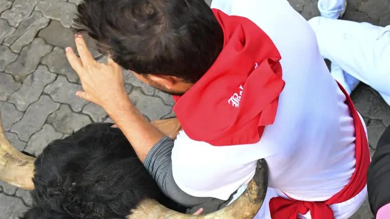 Séptimo encierro de San Fermín 2025 el día 13 de julio con toros de La Palmosilla en Telefónica. EFE - DANIEL FERNÁNDEZ