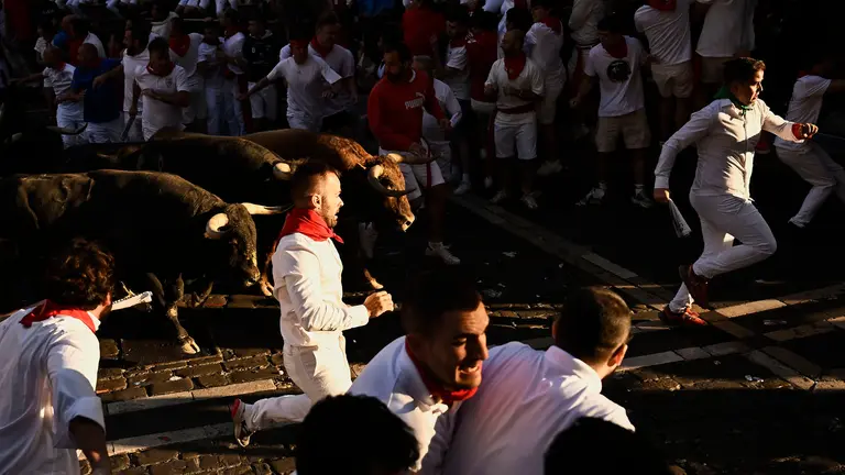 Séptimo encierro de San Fermín 2025 con toros de La Palmosilla en el Ayuntamiento. PABLO LASAOSA