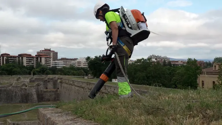 Un operario limpia el recinto amurallado de Pamplona. AYUNTAMIENTO DE PAMPLONA
