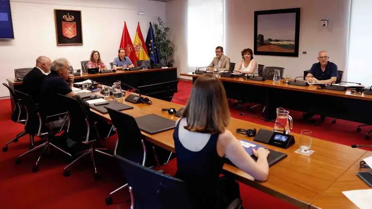Irati Jiménez, del grupo parlamentario de EH Bildu, preside la sesión de la Comisión de Investigación sobre licitación y adjudicación de obras públicas del Gobierno de Navarra. EFE/Jesús Diges