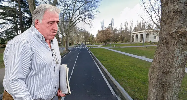 Montaje con una imagen de Joseba Asirón sobre otra de la carretera de la Universidad de Navarra. NAVARRA.COM