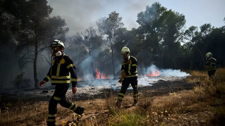 Efectivos de Bomberos, Policía Foral, Guardia Civil, aviones y helicópteros trabajan para sofocar el incendio forestal declarado en Carcastillo. PABLO LASAOSA