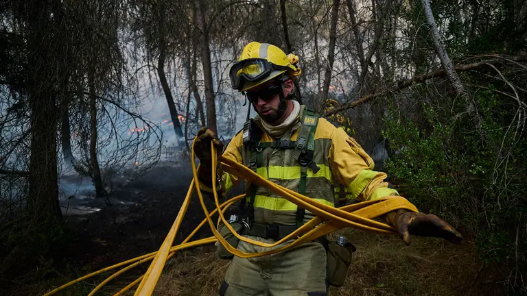 Efectivos de Bomberos, Polic&iacute;a Foral, Guardia Civil, aviones y helic&oacute;pteros trabajan para sofocar el incendio forestal declarado en Carcastillo. PABLO LASAOSA