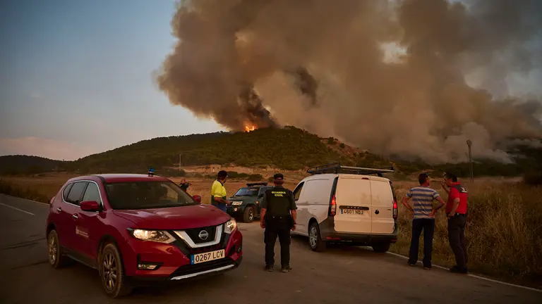 Efectivos de Bomberos, Policía Foral, Guardia Civil, aviones y helicópteros trabajan para sofocar el incendio forestal declarado en Carcastillo. PABLO LASAOSA