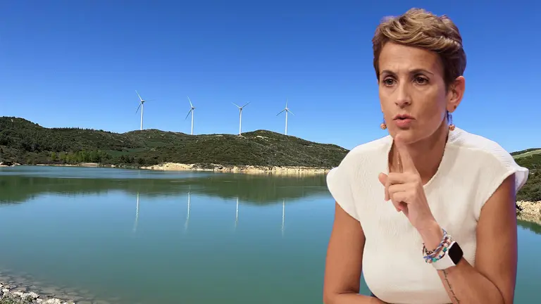 Fotomontaje con una imagen de la presidenta de Navarra, María Chivite, sobre una vista de la balsa de Artajona. NAVARRA.COM