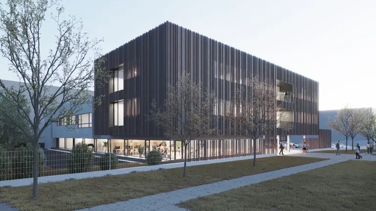 Recreación digital de cómo va a quedar la sede de Mutua Navarra en Landaben. MUTUA NAVARRA