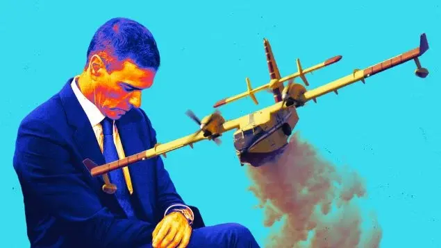 Fotomontaje con una imagen del presidente de España, Pedro Sánchez, y otra de un hidroavión.  OK DIARIO
