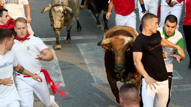 Tercer encierro de las fiestas de Tafalla 2025 con toros de la ganadería de Sobral. IÑIGO ALZUGARAY