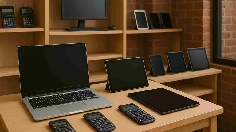 Ordenadores, tablets, monitores de TV y calculadoras en los estantes de un comercio local.