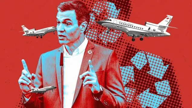Fotomontaje de Pedro Sánchez y el Falcon presidencial. OK DIARIO
