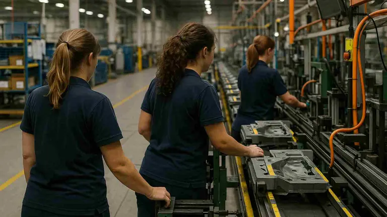 Mujeres trabajando en una fábrica. Imagen generada por IA.