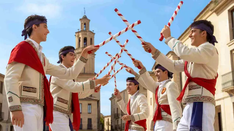 Jóvenes bailando un paloteado.