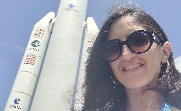 Usue Donezar, en el lanzamiento del Sentinel-2 en Kourou (Guayana Francesa). CEDIDA