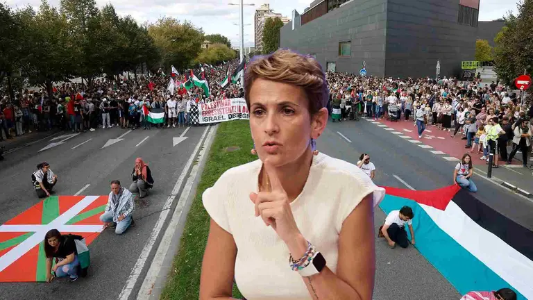 Fotomontaje de María Chivite sobre una manifestación propalestina.