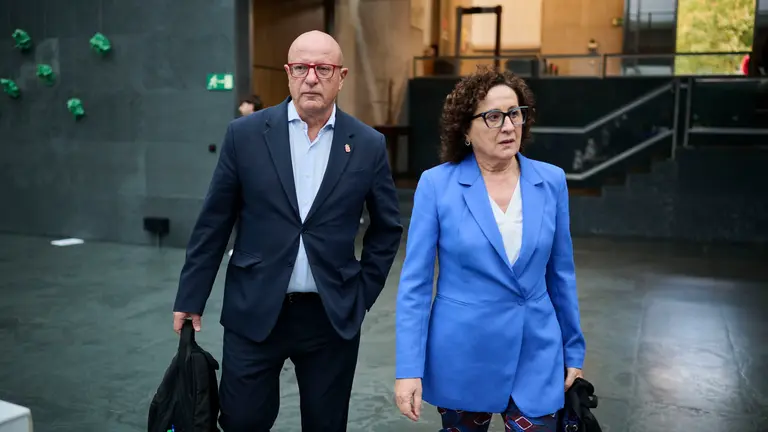 El consejero de Educación, Carlos Gimeno, y la consejera de Derechos Sociales, Mari Carmen Maeztu, en su llegada al Pleno del Parlamento de Navarra. PABLO LASAOSA