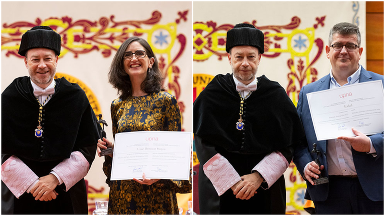 a alumni distinguida, Usue Donezar y Daniel Antoñanzas recogen su premio. UPNA