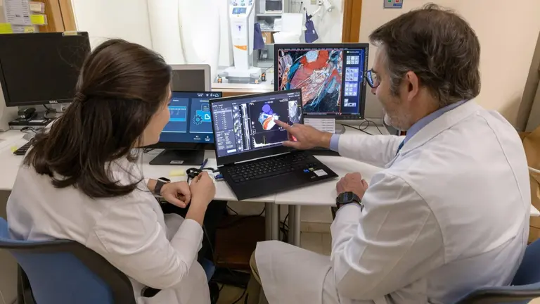 La Dra. Marta Pastrana, especialista en Medicina Interna, y el Dr. Gorka Bastarrika, codirector del Servicio de Radiodiagnóstico, analizan una imagen obtenida con el nuevo software del ICAP de la Clínica Universidad de Navarra. CEDIDA