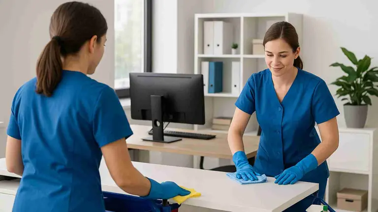 Dos mujeres de una empresa de limpieza limpiando una oficina de trabajo. IA