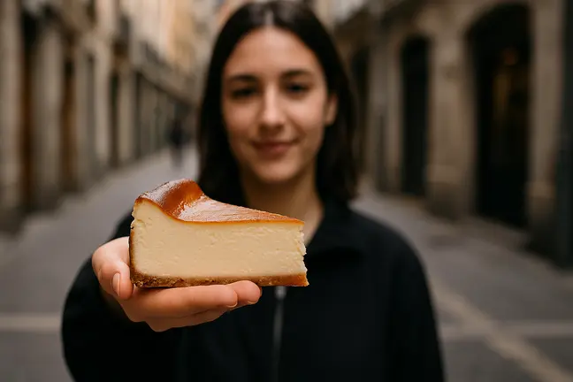 Imagen de una mujer con una porciónde tarta de queso. IA