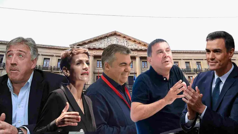 Fotomontaje de Pedro Sánchez, Otegi, Cerdán, Chivite y Asirón sobre una foto del Palacio de Navarra, sede del gobierno foral.